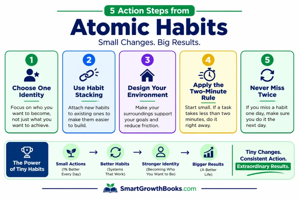 Atomic Habits actionable takeaways infographic showing five practical habit-building strategies from James Clear including identity-based habits, habit stacking, environment design, the two-minute rule, and never miss twice.