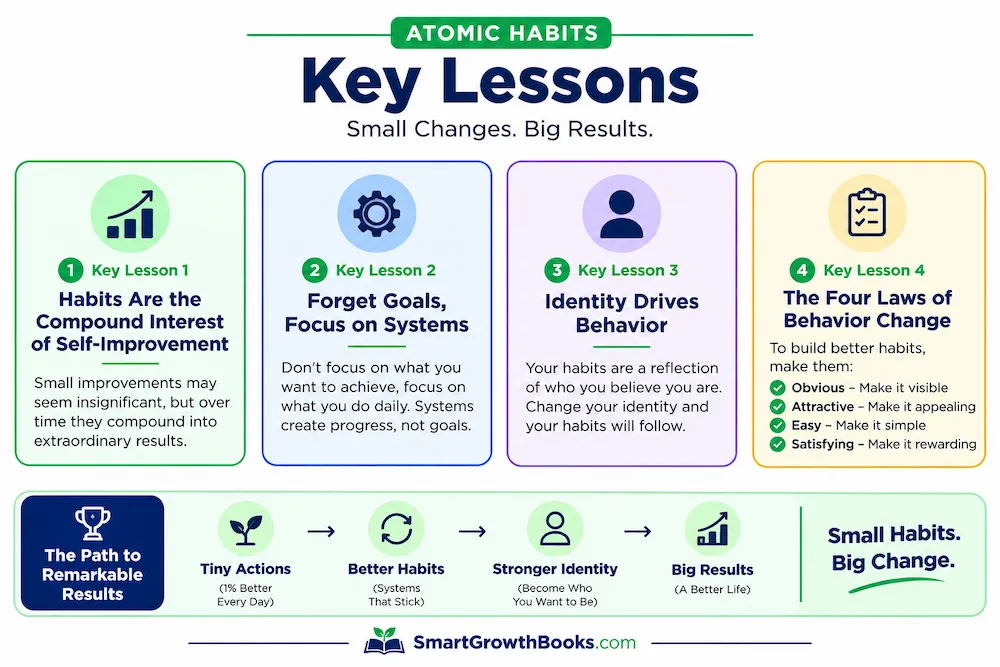 Atomic Habits key lessons infographic showing identity-based habits, systems over goals, the Four Laws of Behavior Change, and the power of small consistent improvements.