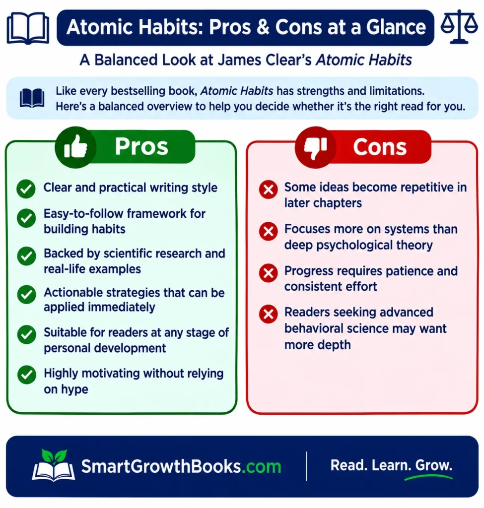 Atomic Habits pros and cons infographic summarizing the key strengths and limitations of James Clear's bestselling book.