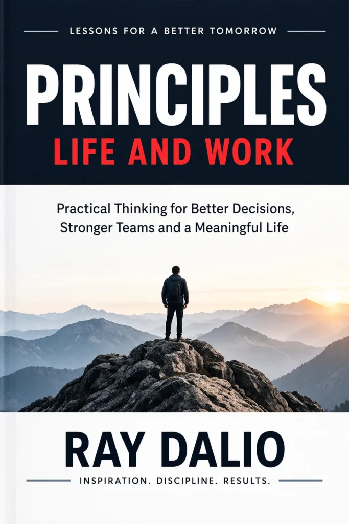 Custom book-cover-style illustration for a Ray Dalio Principles summary, featuring a mountain landscape and the title Principles: Life and Work.