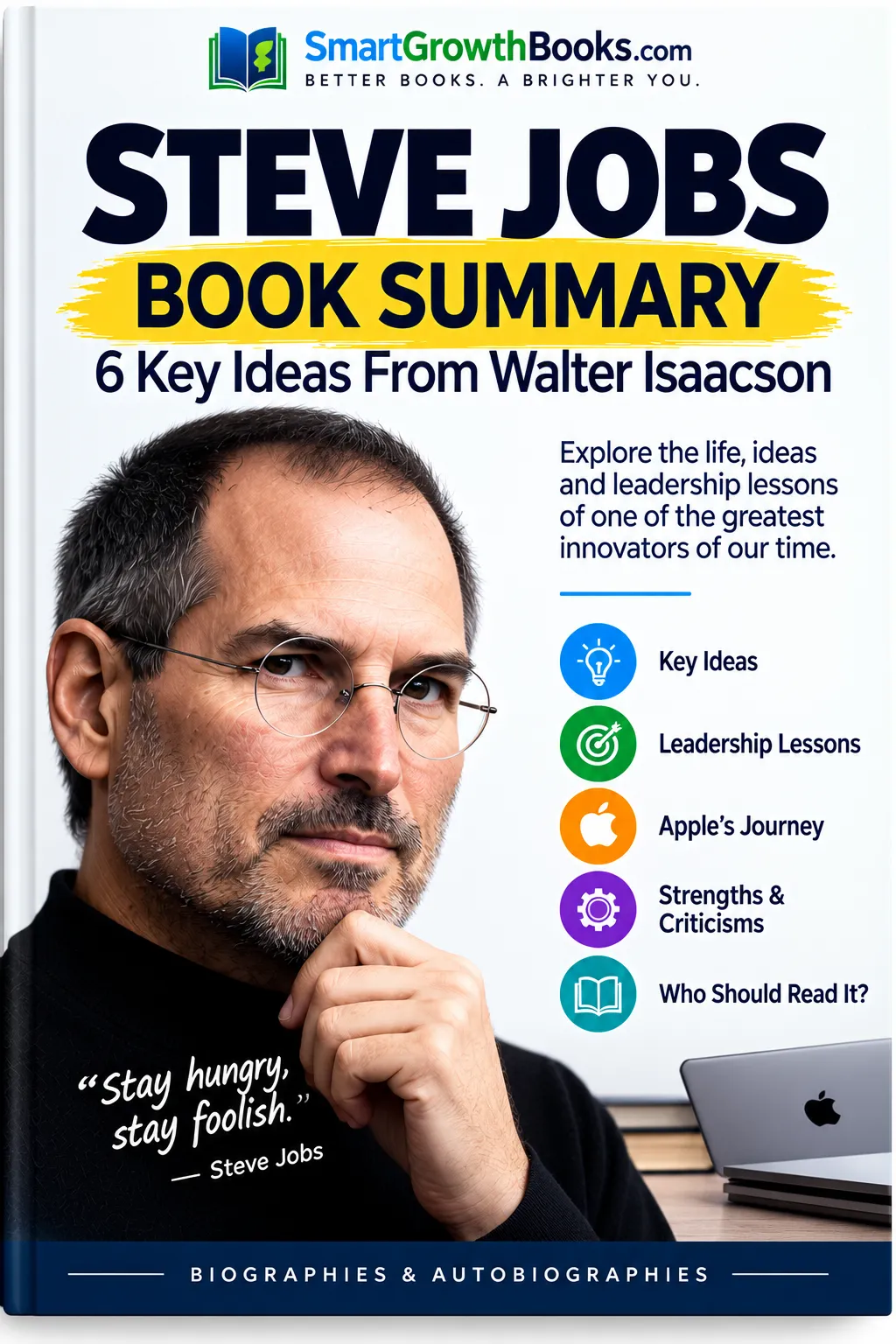 Steve Jobs book summary cover featuring Walter Isaacson's biography