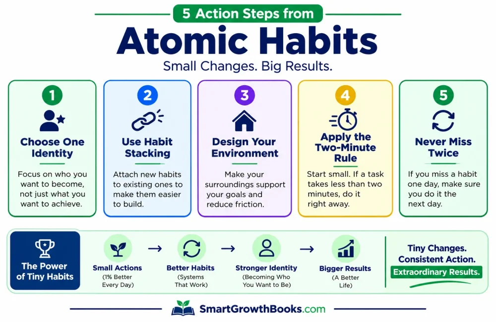 Atomic Habits actionable takeaways infographic showing five practical habit-building strategies from James Clear including identity-based habits, habit stacking, environment design, the two-minute rule, and never miss twice.