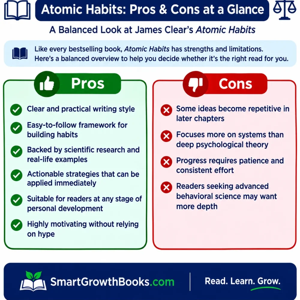 Atomic Habits pros and cons infographic summarizing the key strengths and limitations of James Clear's bestselling book.