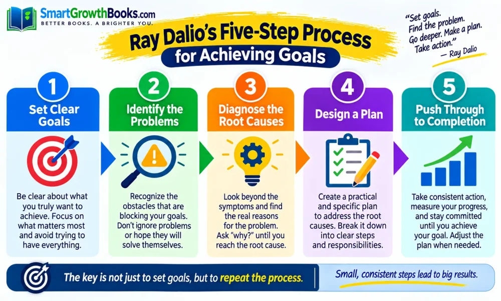 Five-step process for setting goals, identifying problems, finding root causes, planning, and executing.
